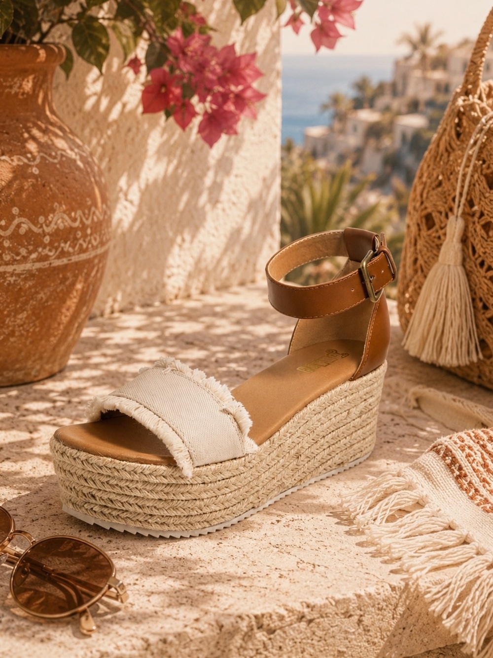 Brash Beige Tessa Canvas Espadrille Wedge Sandals with Brown Ankle Strap Size 7